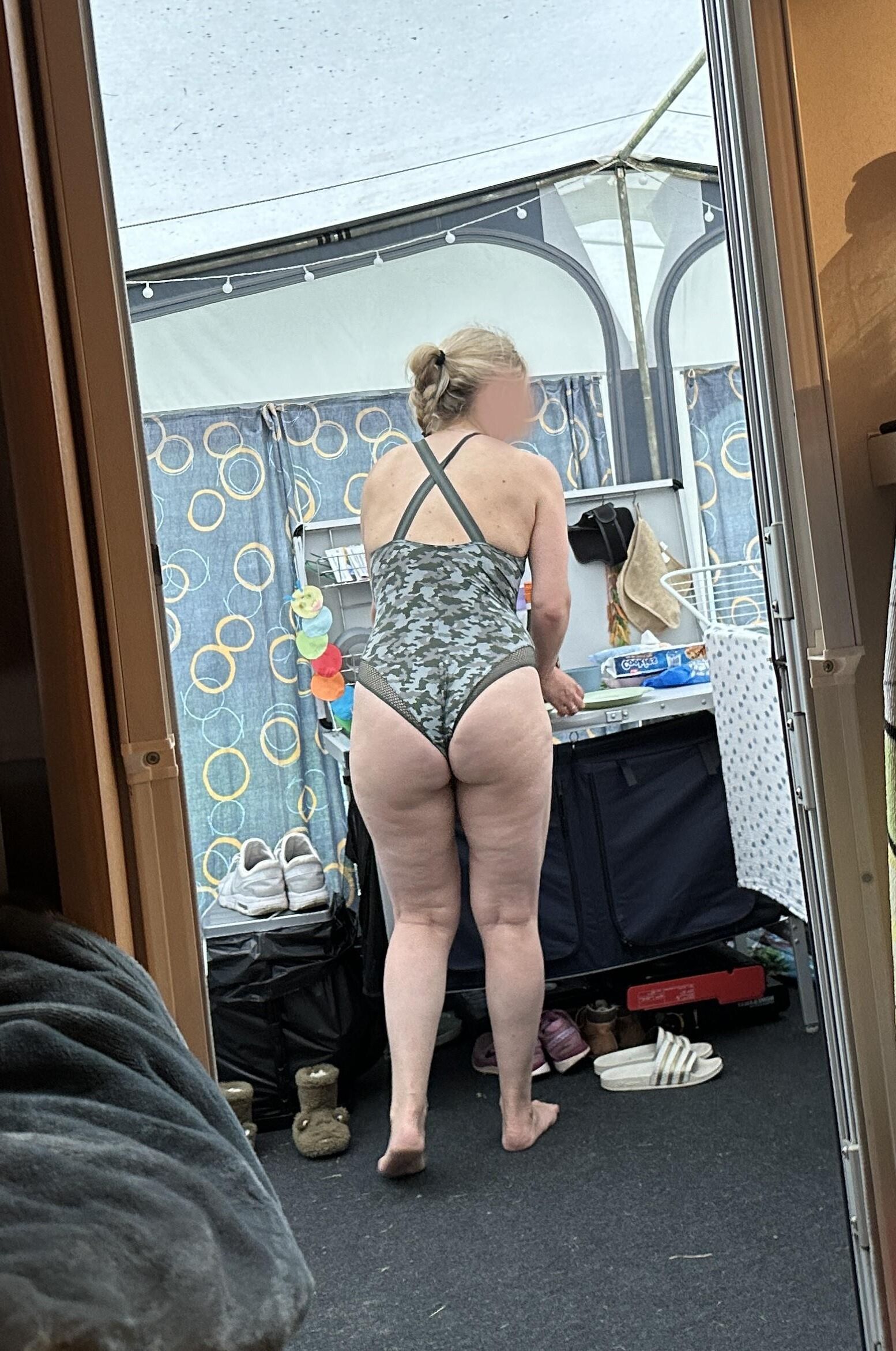 My wife in lingerie showing her ass on the campside   voyeur