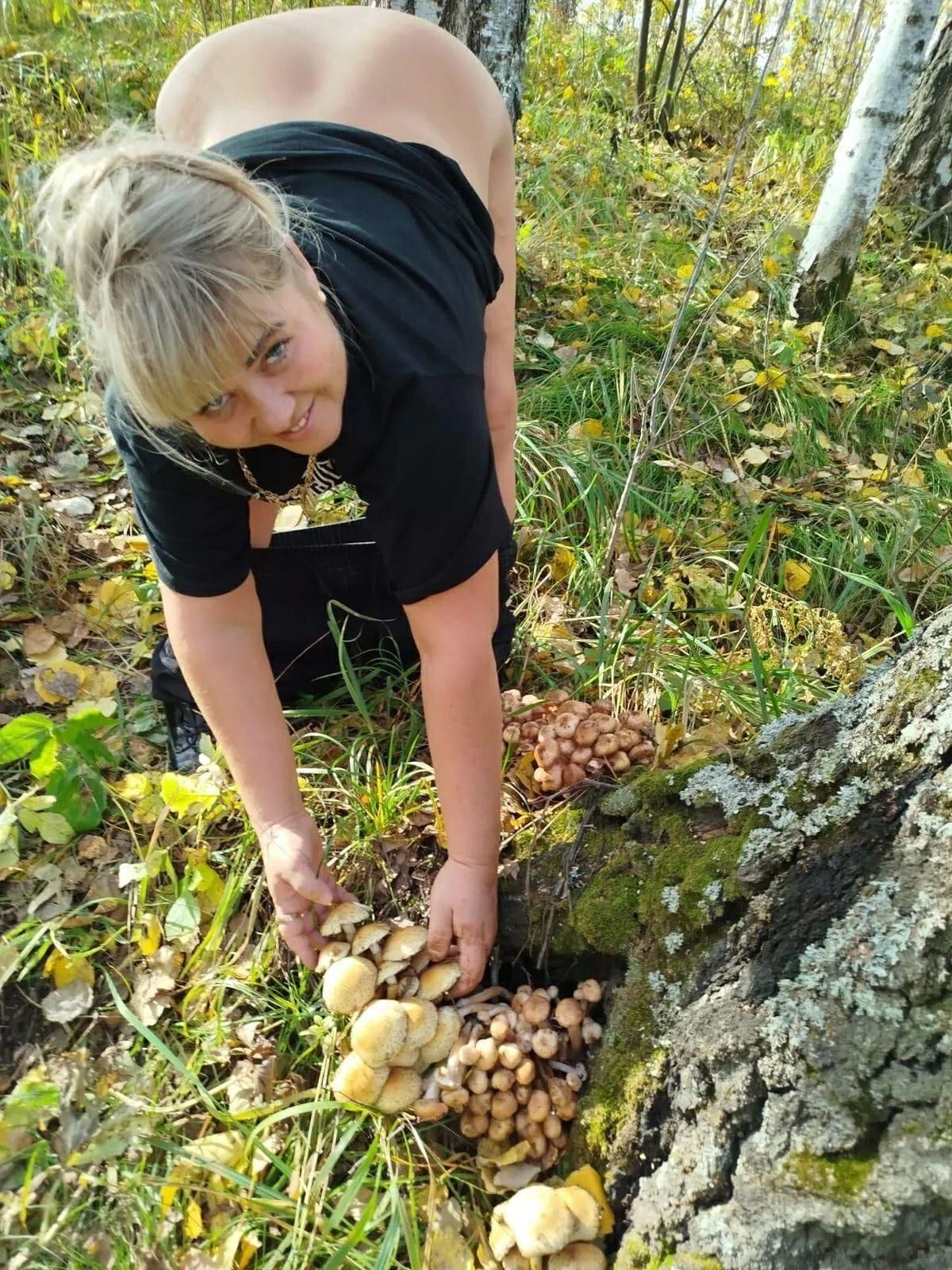 Mushroom picking by mature blonde