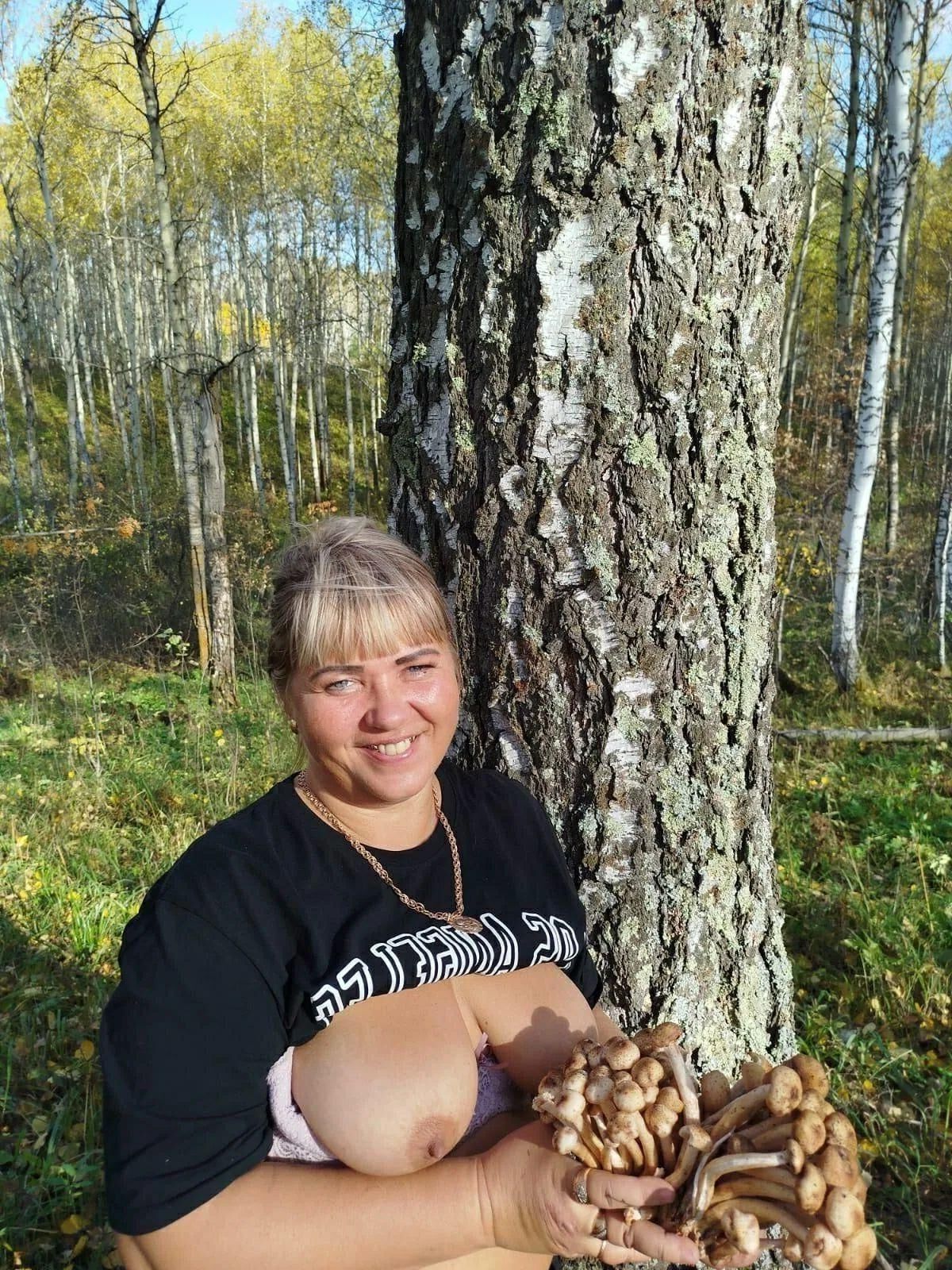 Mushroom picking by mature blonde