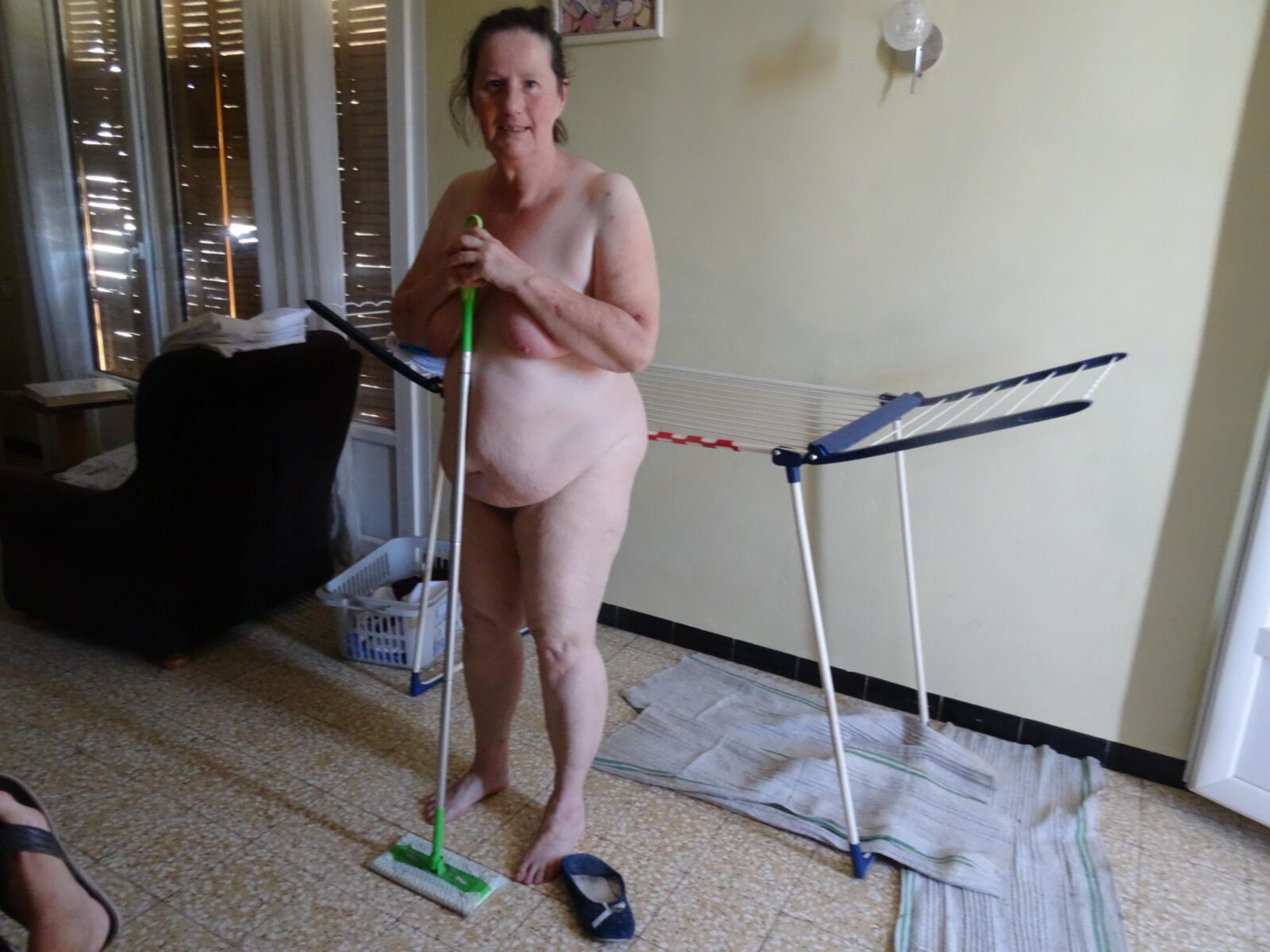Chubby granny Nicole with broomstick at home HD