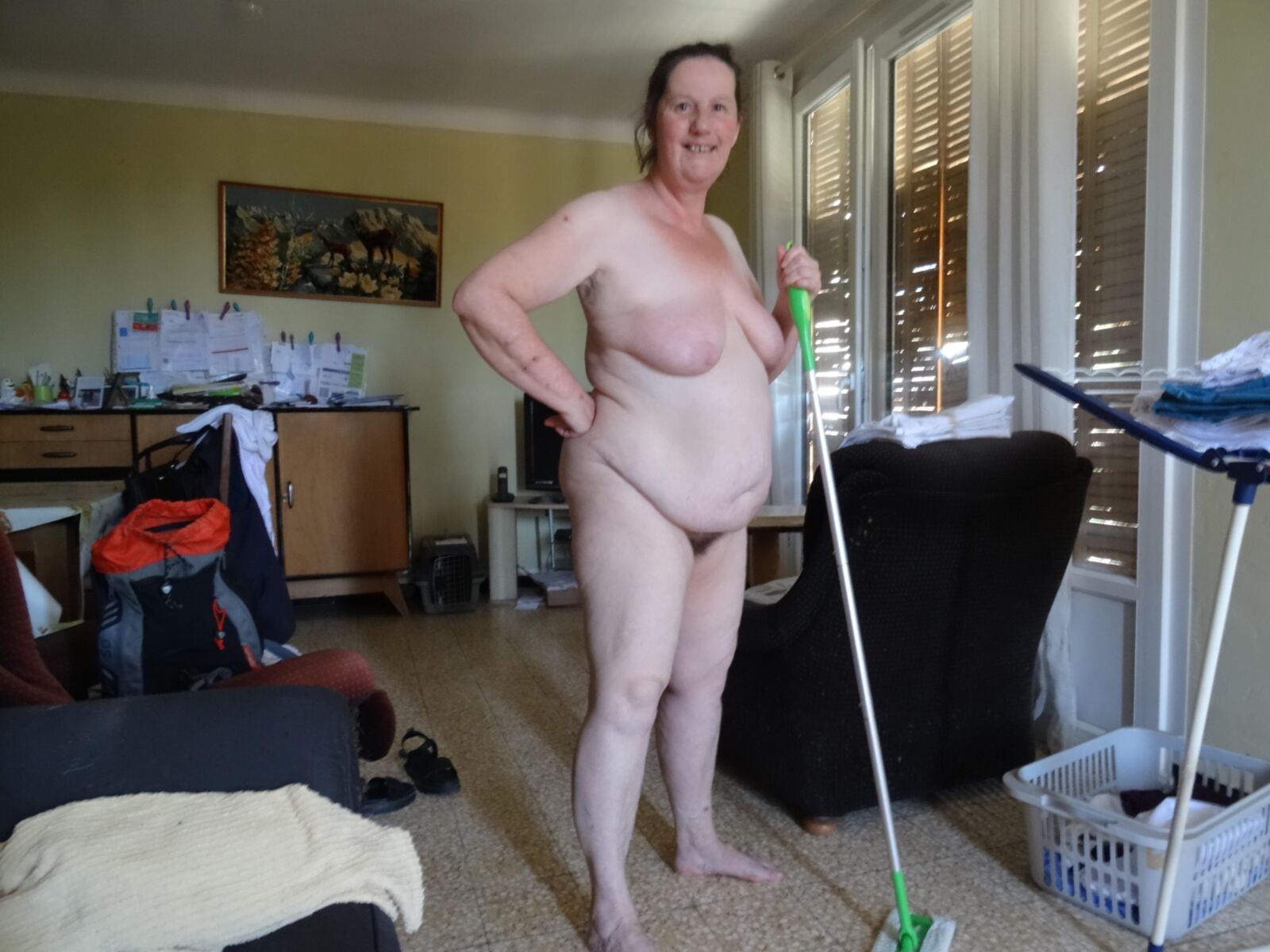 Chubby granny Nicole with broomstick at home HD
