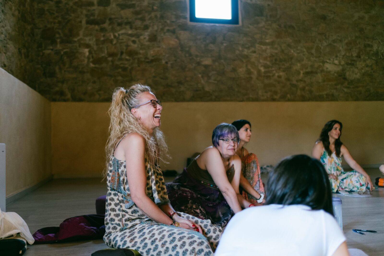 Mature spiritual girls on yoga retreat