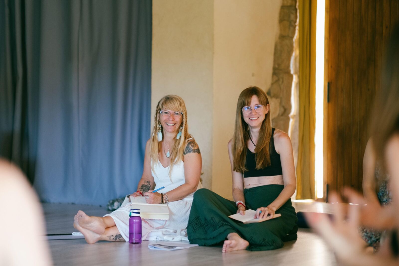 Mature spiritual girls on yoga retreat