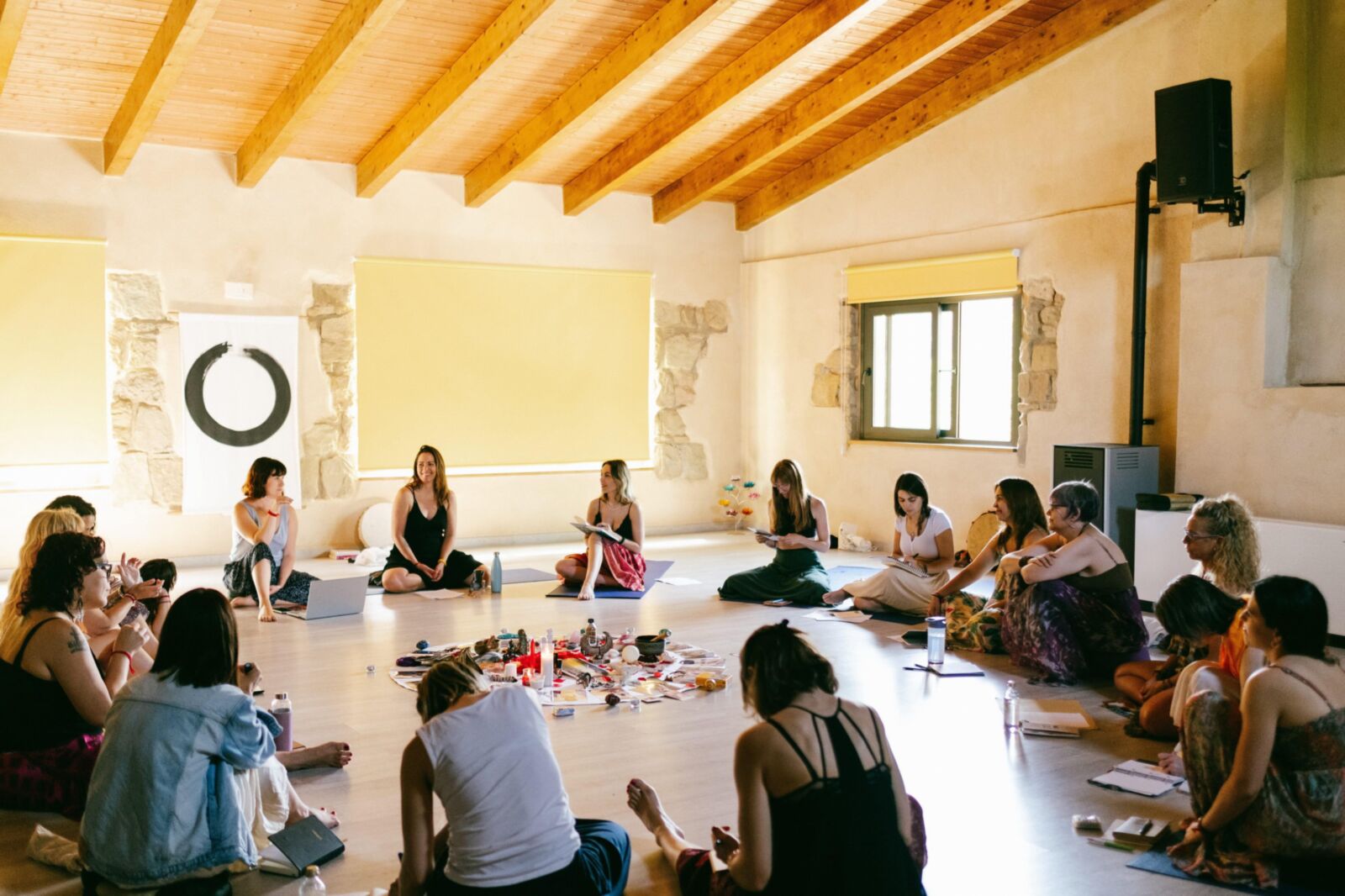 Mature spiritual girls on yoga retreat