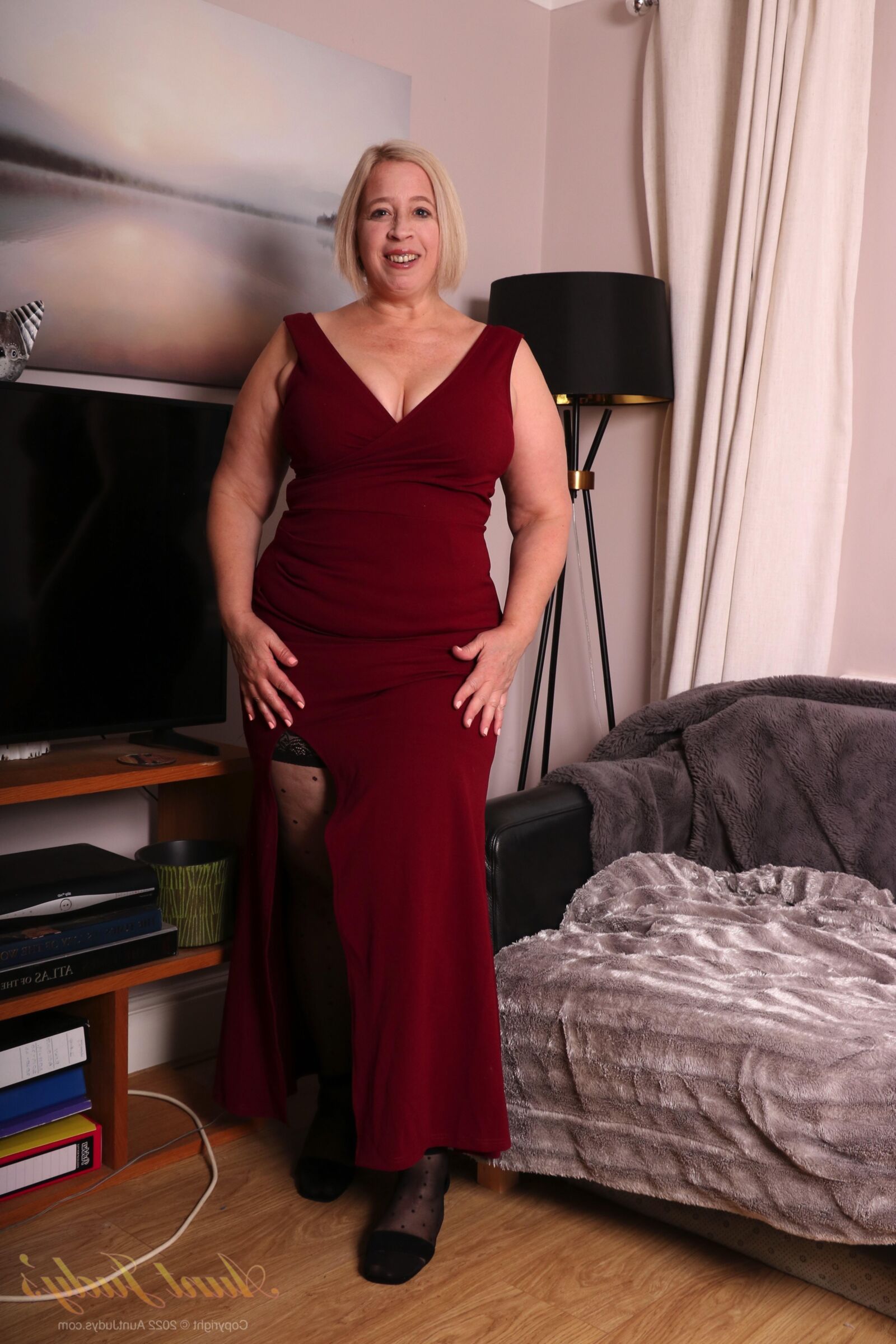 AuntJudys Star Strips Out of Elegant Red Dress, Masturbates 