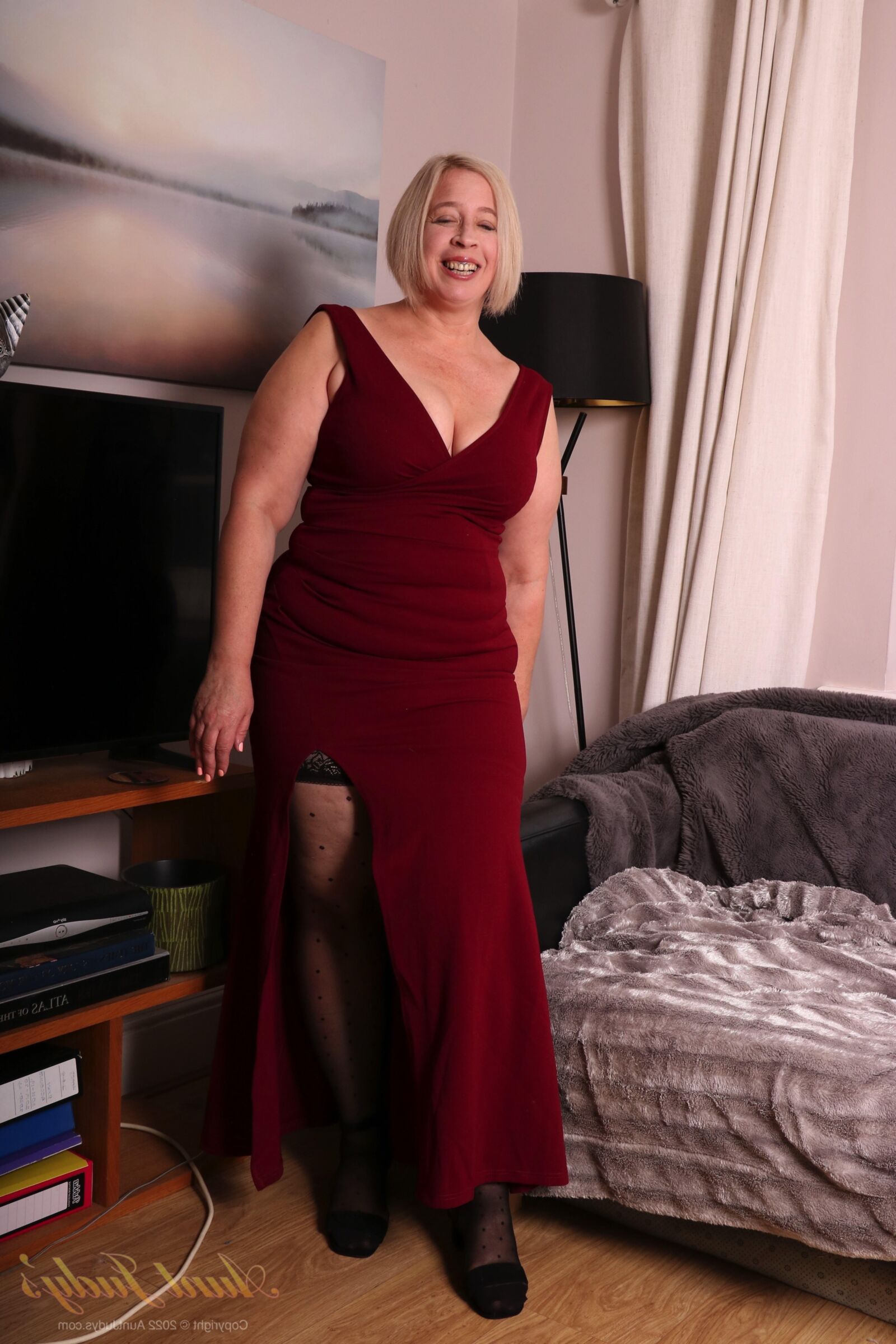 AuntJudys Star Strips Out of Elegant Red Dress, Masturbates 