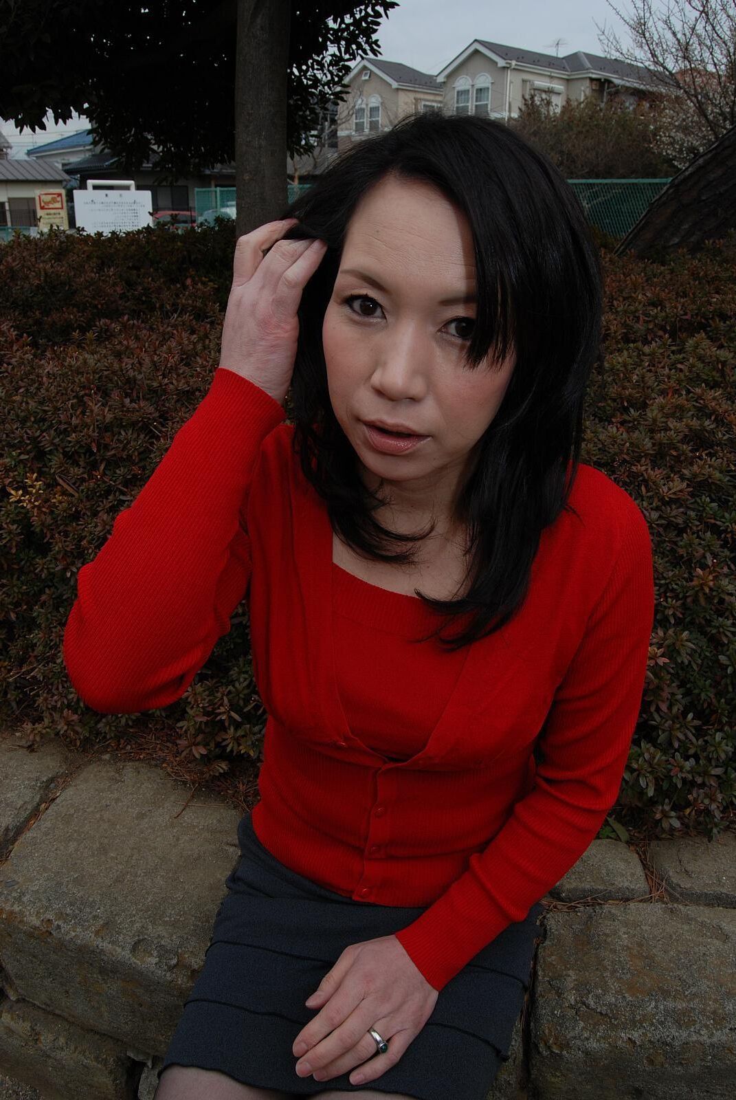Tomoni Kawakami Mature Japanese Girl Outdoors in a Red Sweater