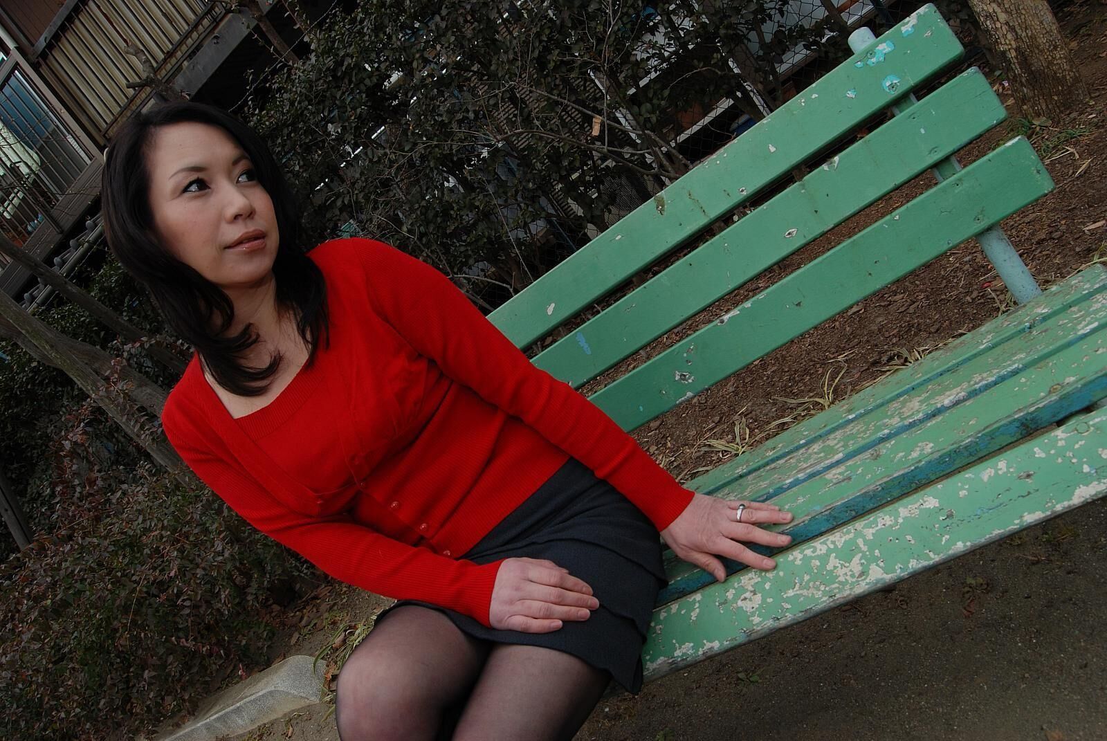 Tomoni Kawakami Mature Japanese Girl Outdoors in a Red Sweater