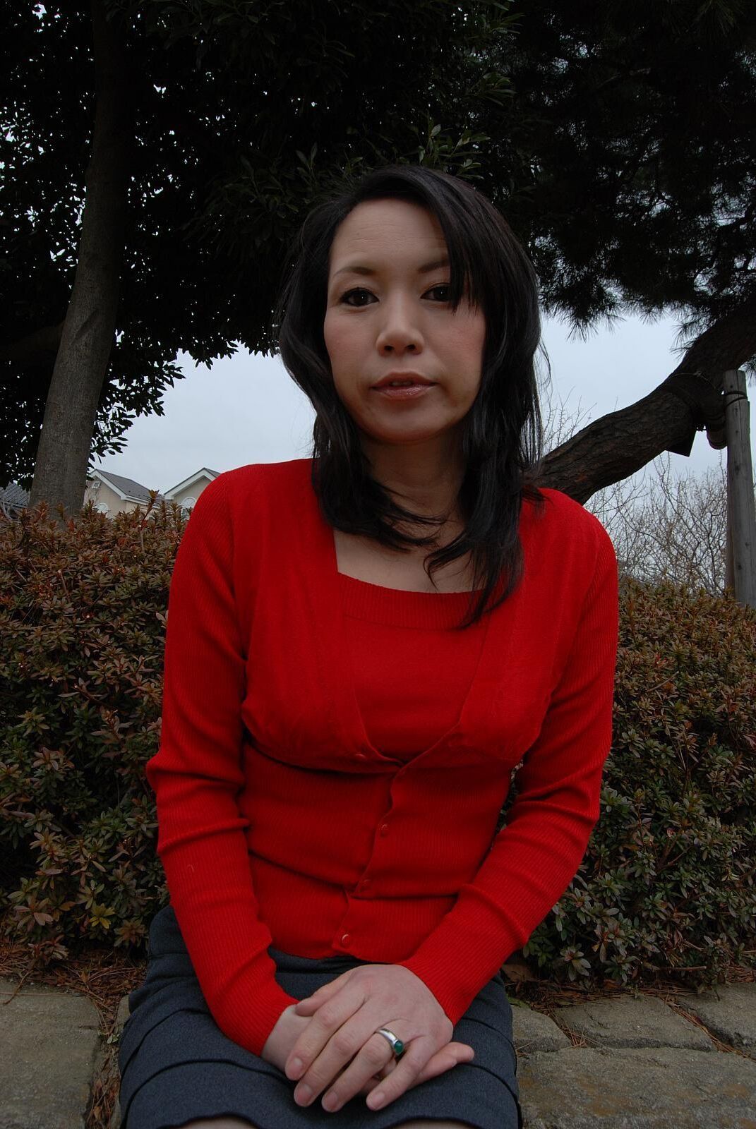 Tomoni Kawakami Mature Japanese Girl Outdoors in a Red Sweater