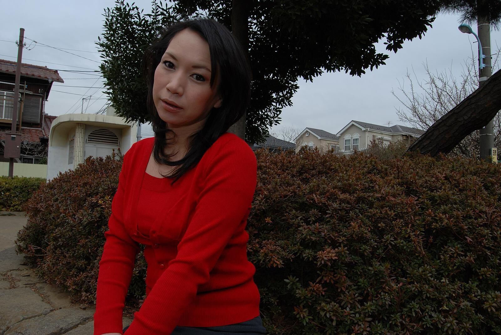 Tomoni Kawakami Mature Japanese Girl Outdoors in a Red Sweater