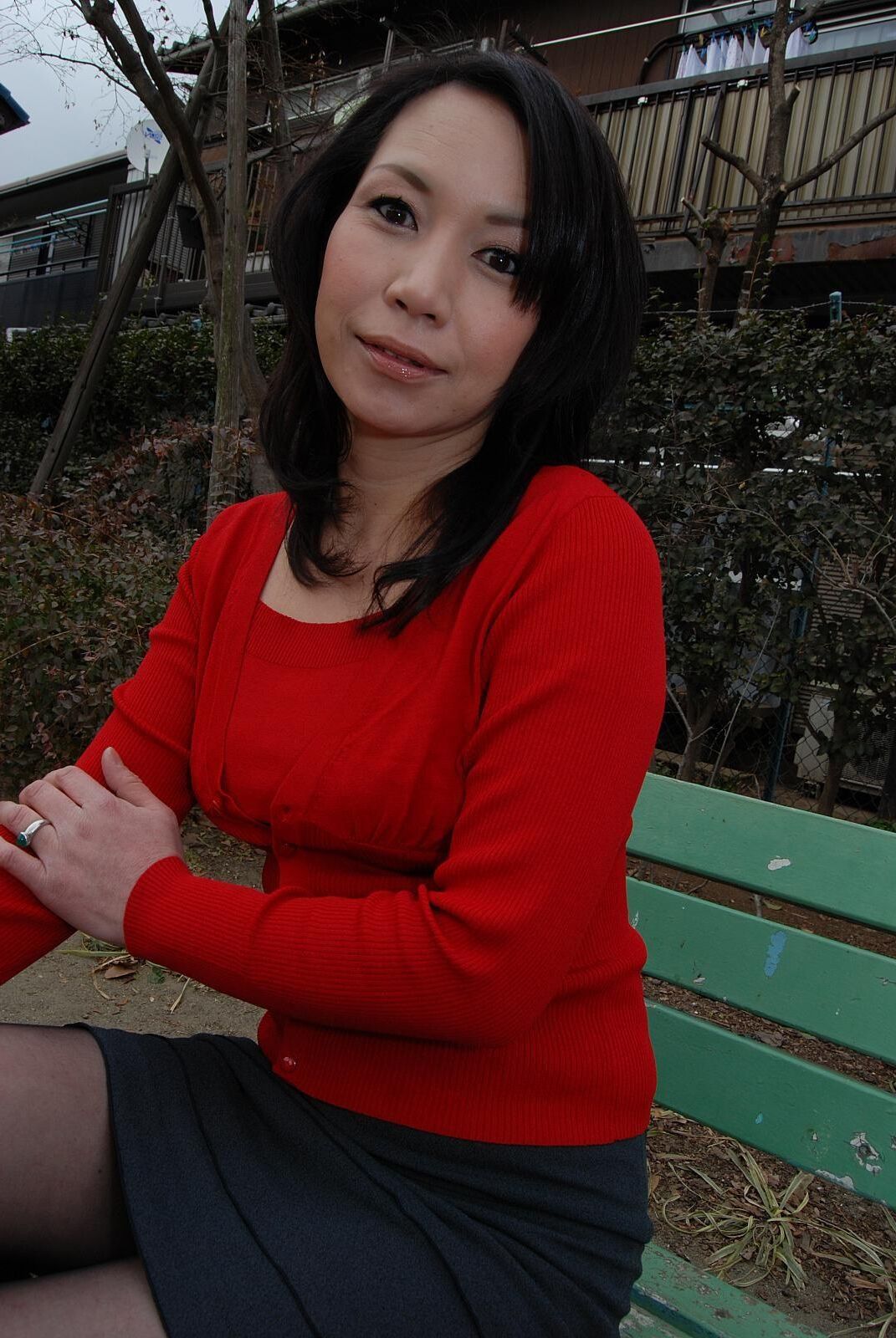 Tomoni Kawakami Mature Japanese Girl Outdoors in a Red Sweater