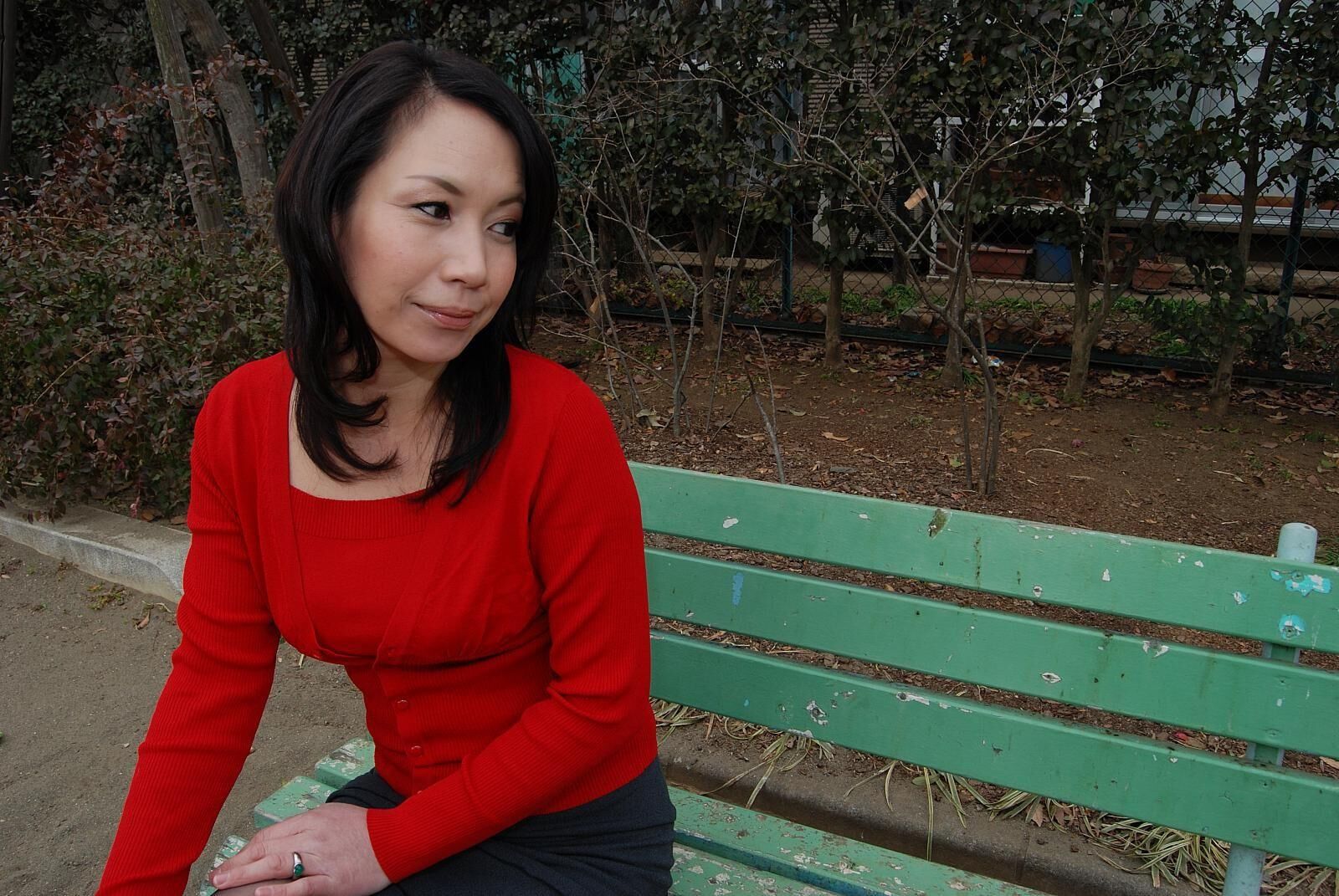 Tomoni Kawakami Mature Japanese Girl Outdoors in a Red Sweater