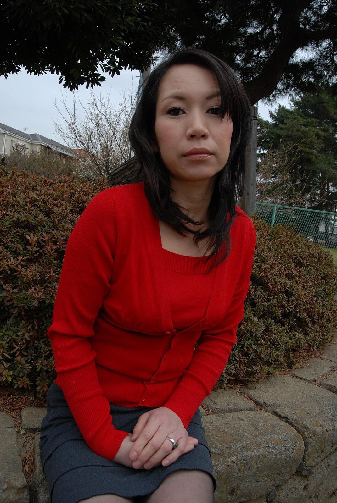 Tomoni Kawakami Mature Japanese Girl Outdoors in a Red Sweater