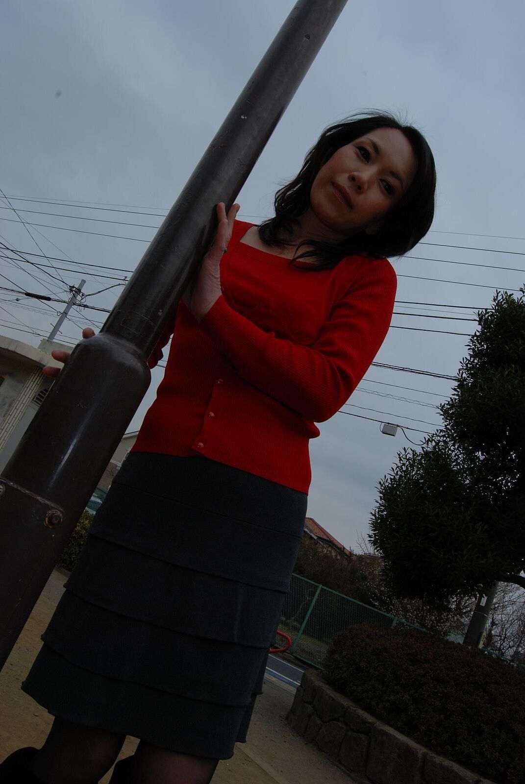 Tomoni Kawakami Mature Japanese Girl Outdoors in a Red Sweater
