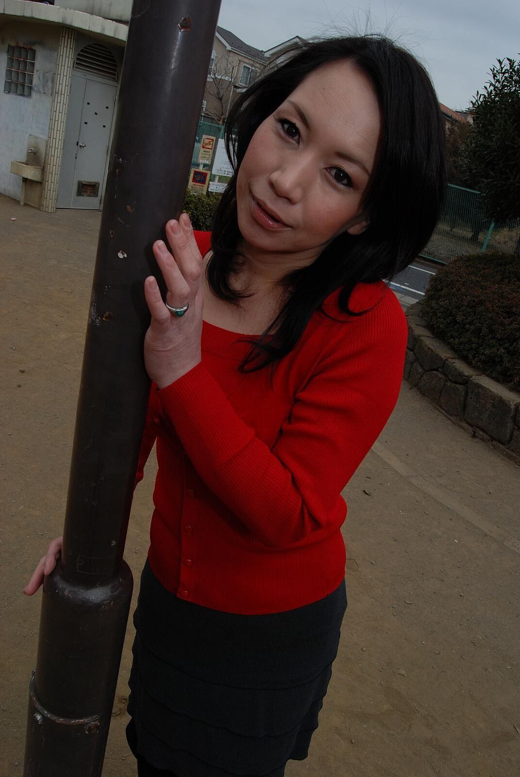 Tomoni Kawakami Mature Japanese Girl Outdoors in a Red Sweater