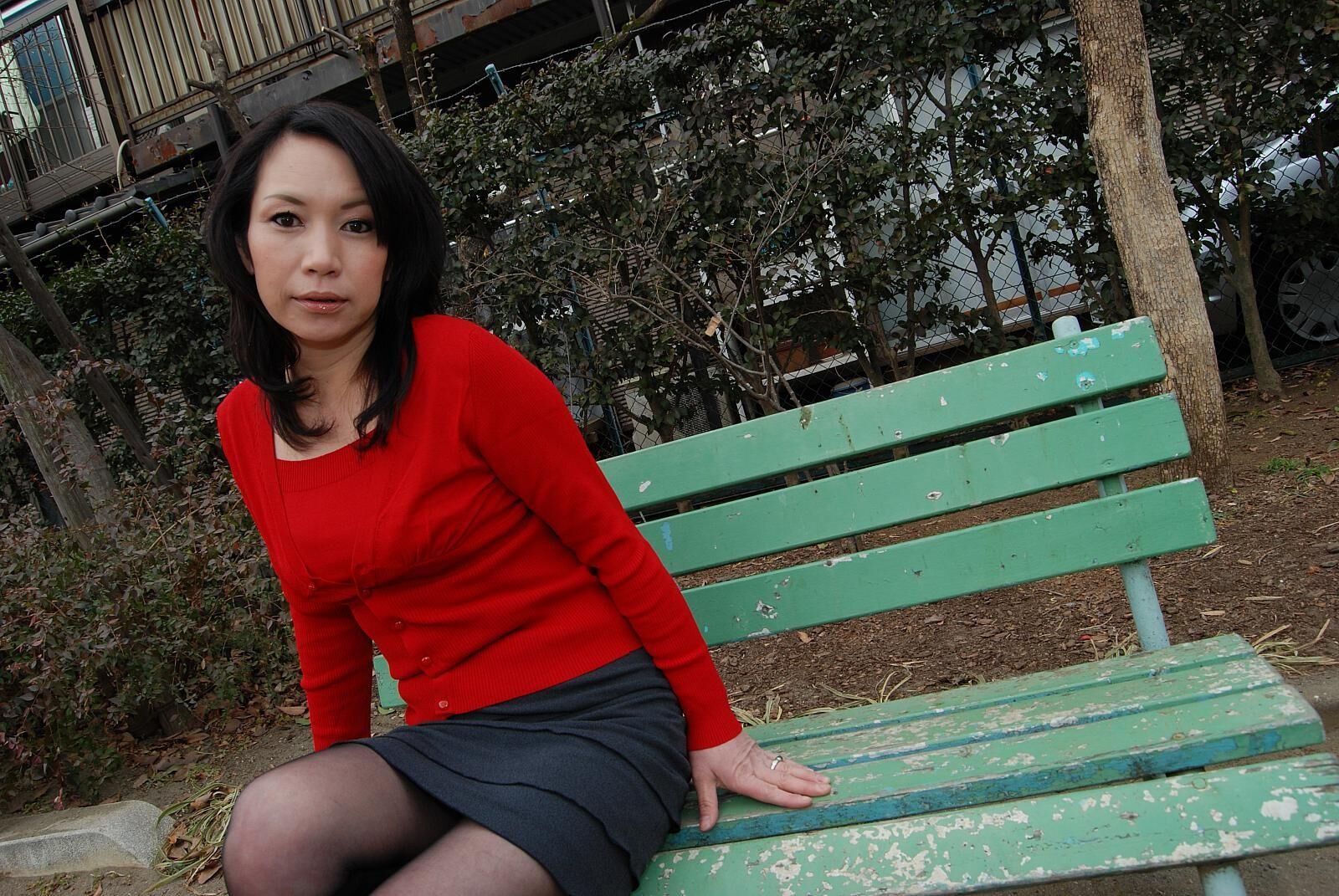 Tomoni Kawakami Mature Japanese Girl Outdoors in a Red Sweater