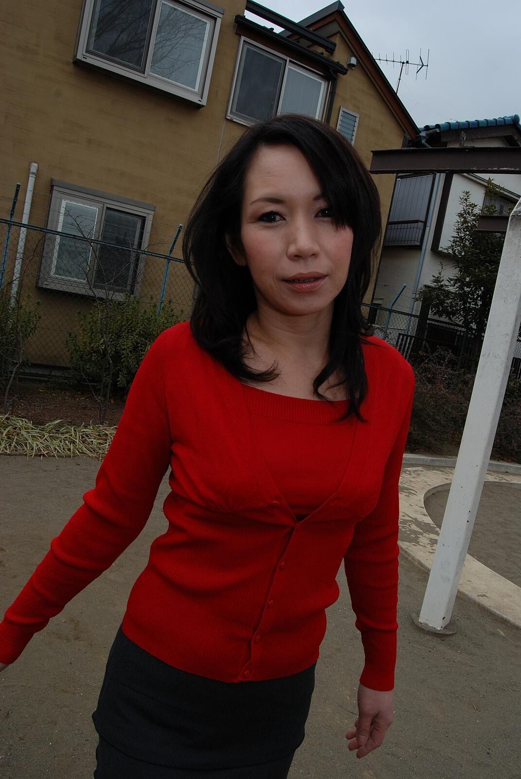 Tomoni Kawakami Mature Japanese Girl Outdoors in a Red Sweater
