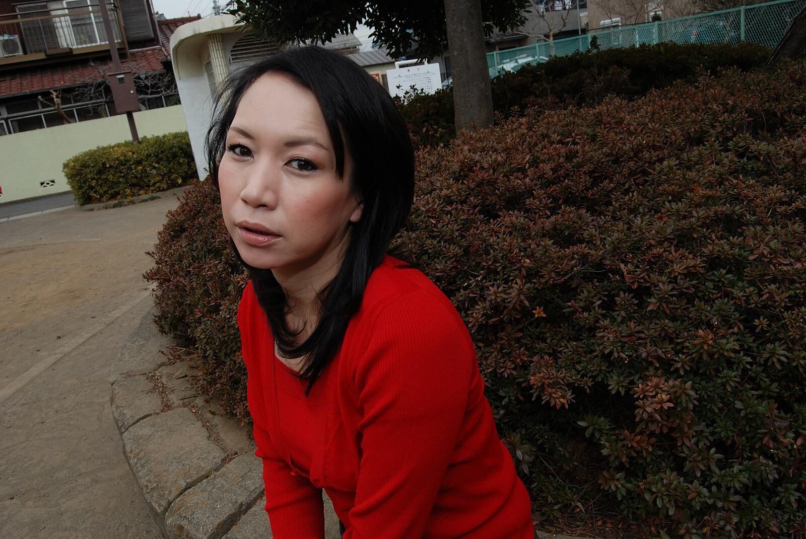 Tomoni Kawakami Mature Japanese Girl Outdoors in a Red Sweater