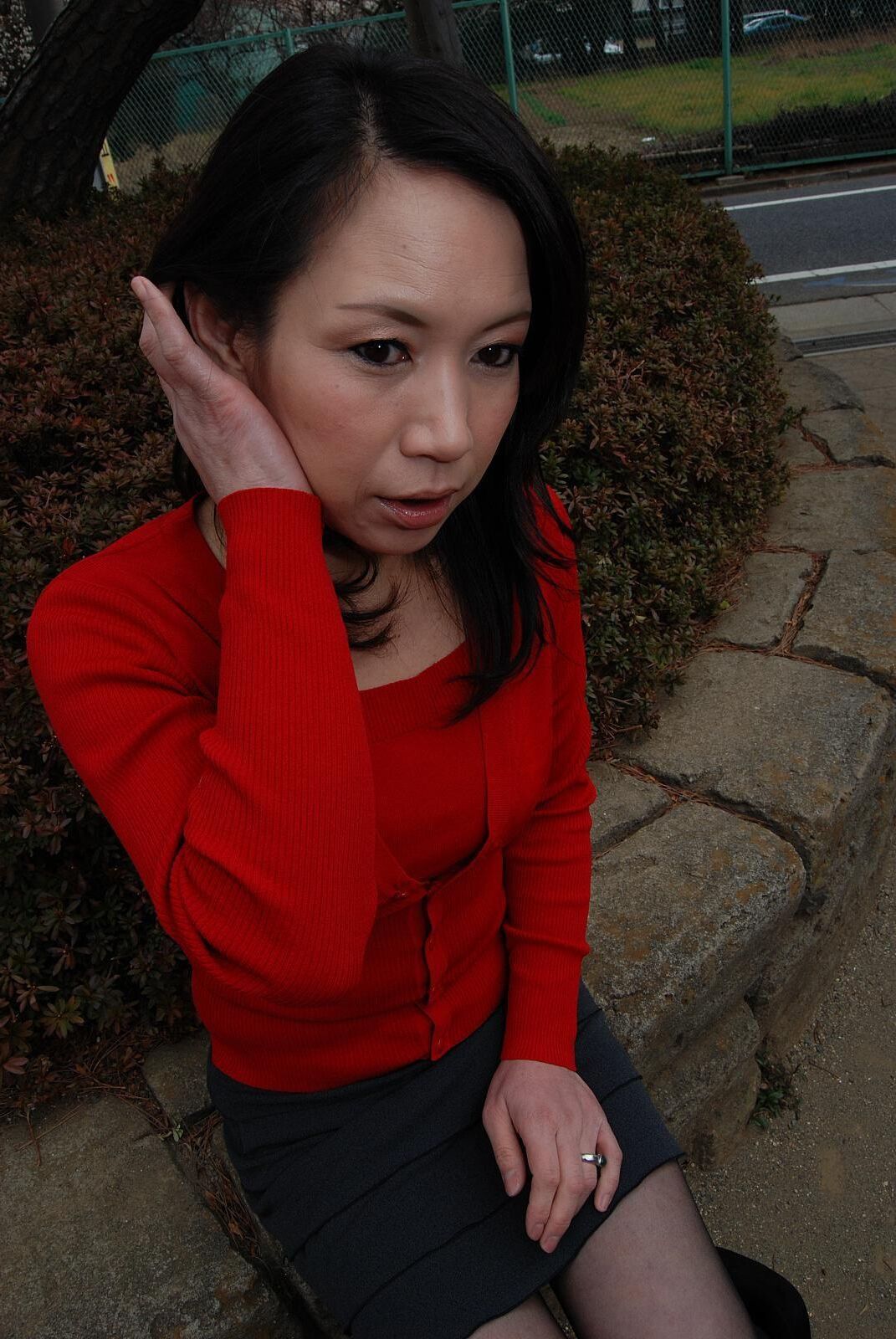 Tomoni Kawakami Mature Japanese Girl Outdoors in a Red Sweater