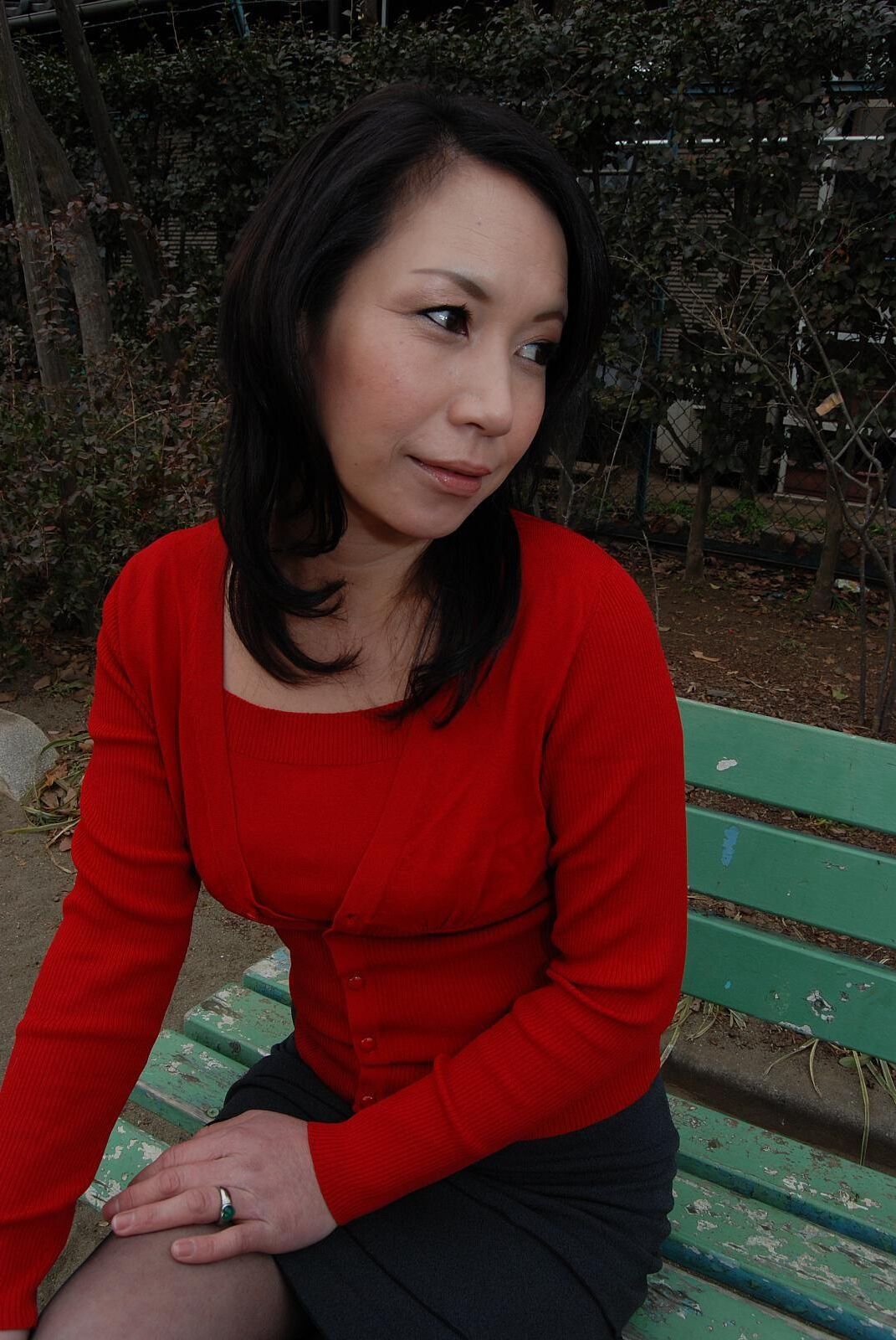 Tomoni Kawakami Mature Japanese Girl Outdoors in a Red Sweater