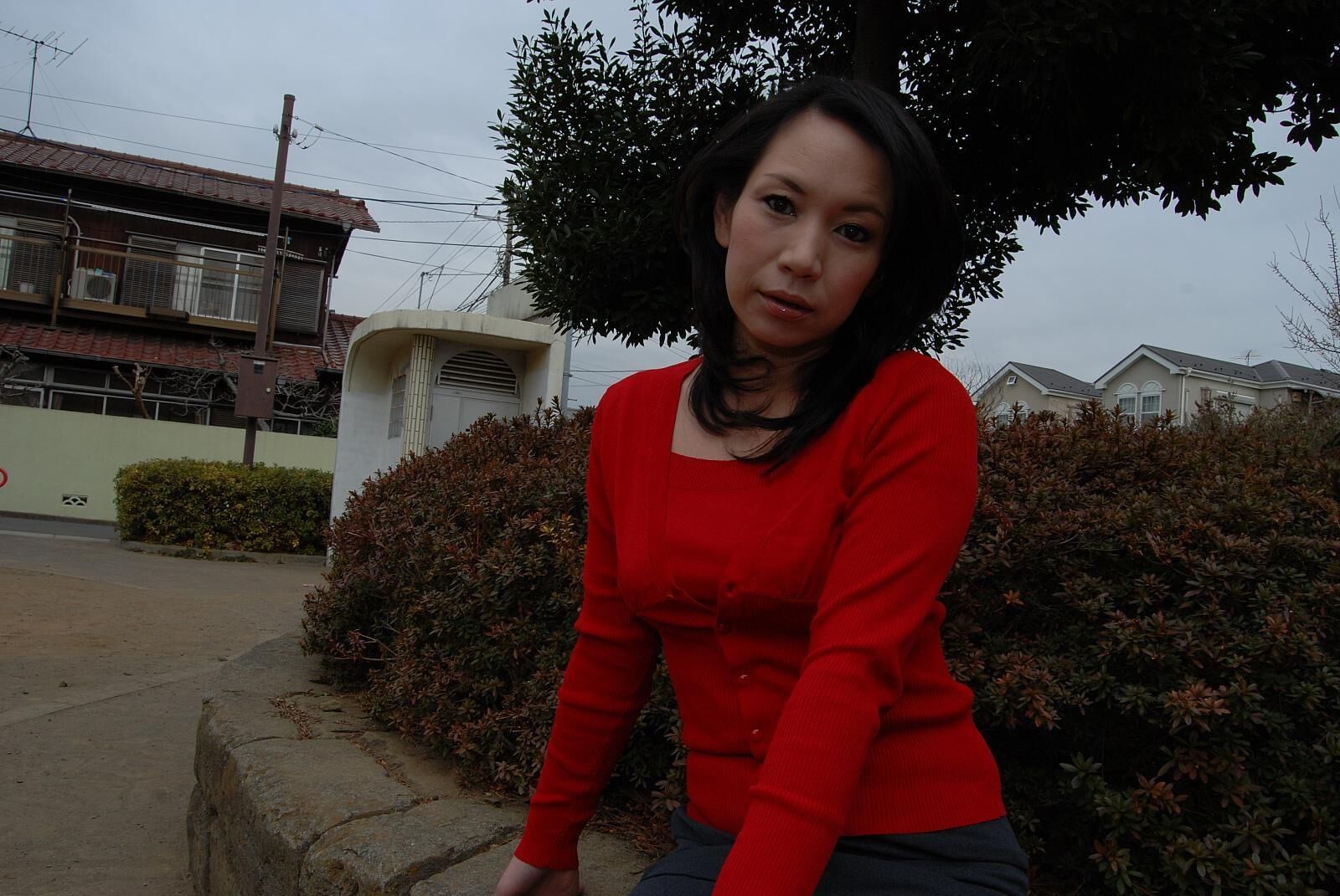 Tomoni Kawakami Mature Japanese Girl Outdoors in a Red Sweater