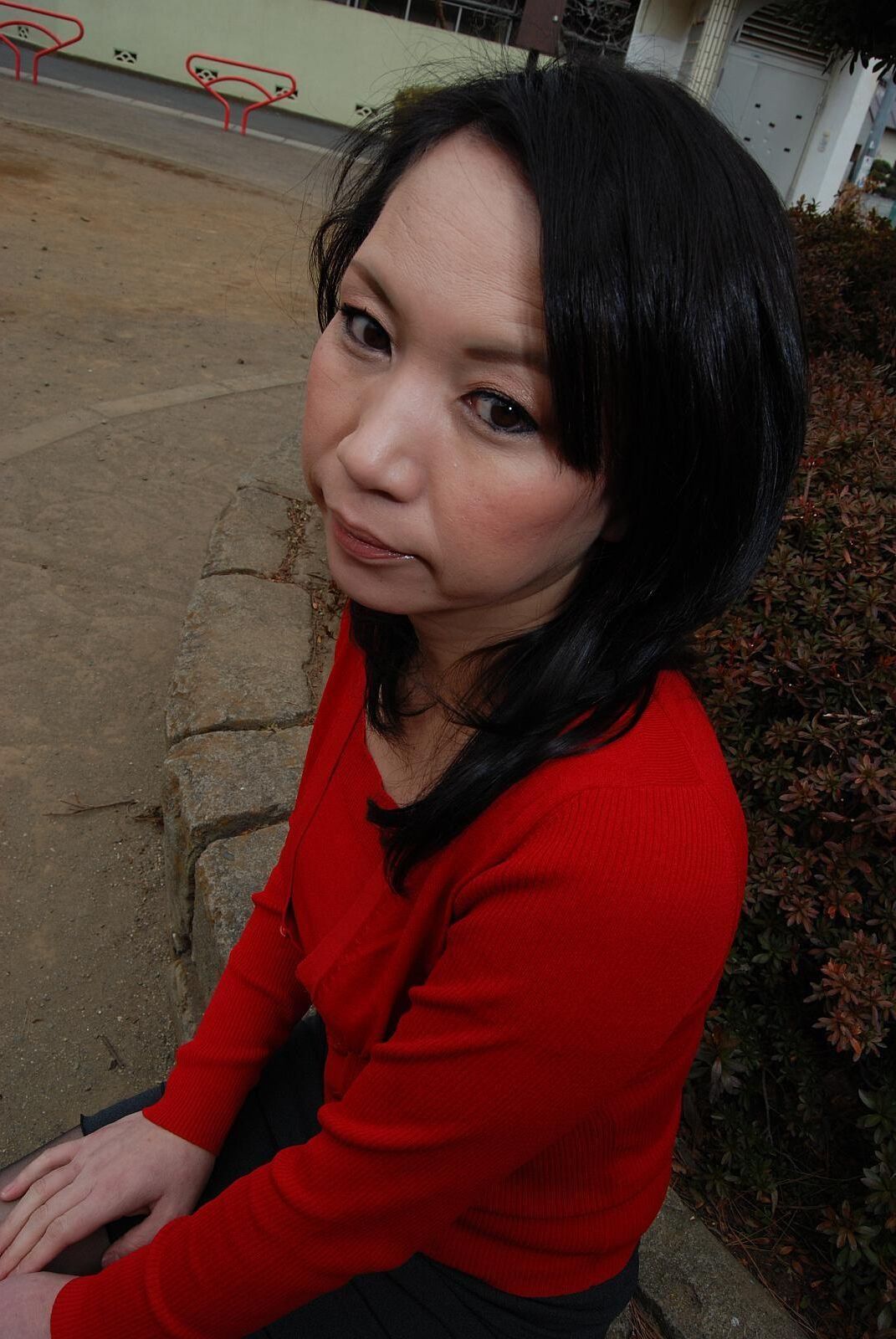 Tomoni Kawakami Mature Japanese Girl Outdoors in a Red Sweater