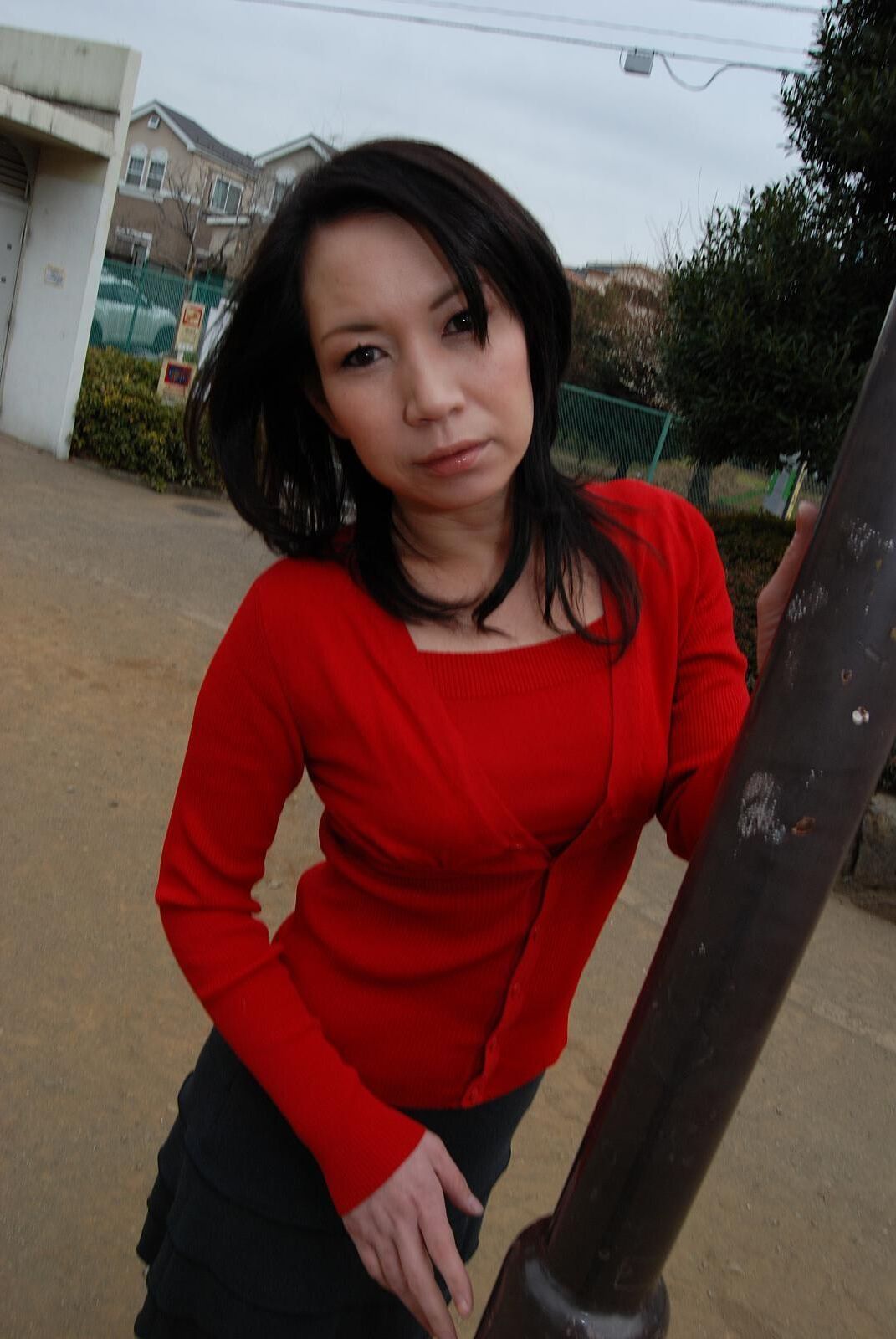 Tomoni Kawakami Mature Japanese Girl Outdoors in a Red Sweater