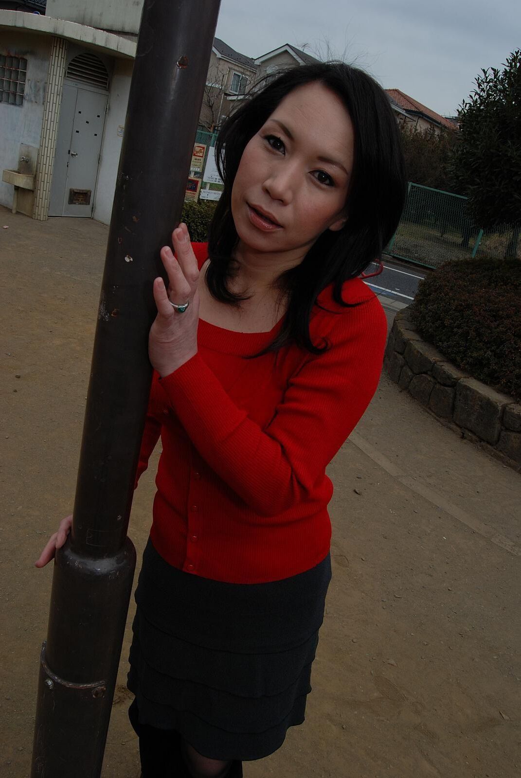 Tomoni Kawakami Mature Japanese Girl Outdoors in a Red Sweater