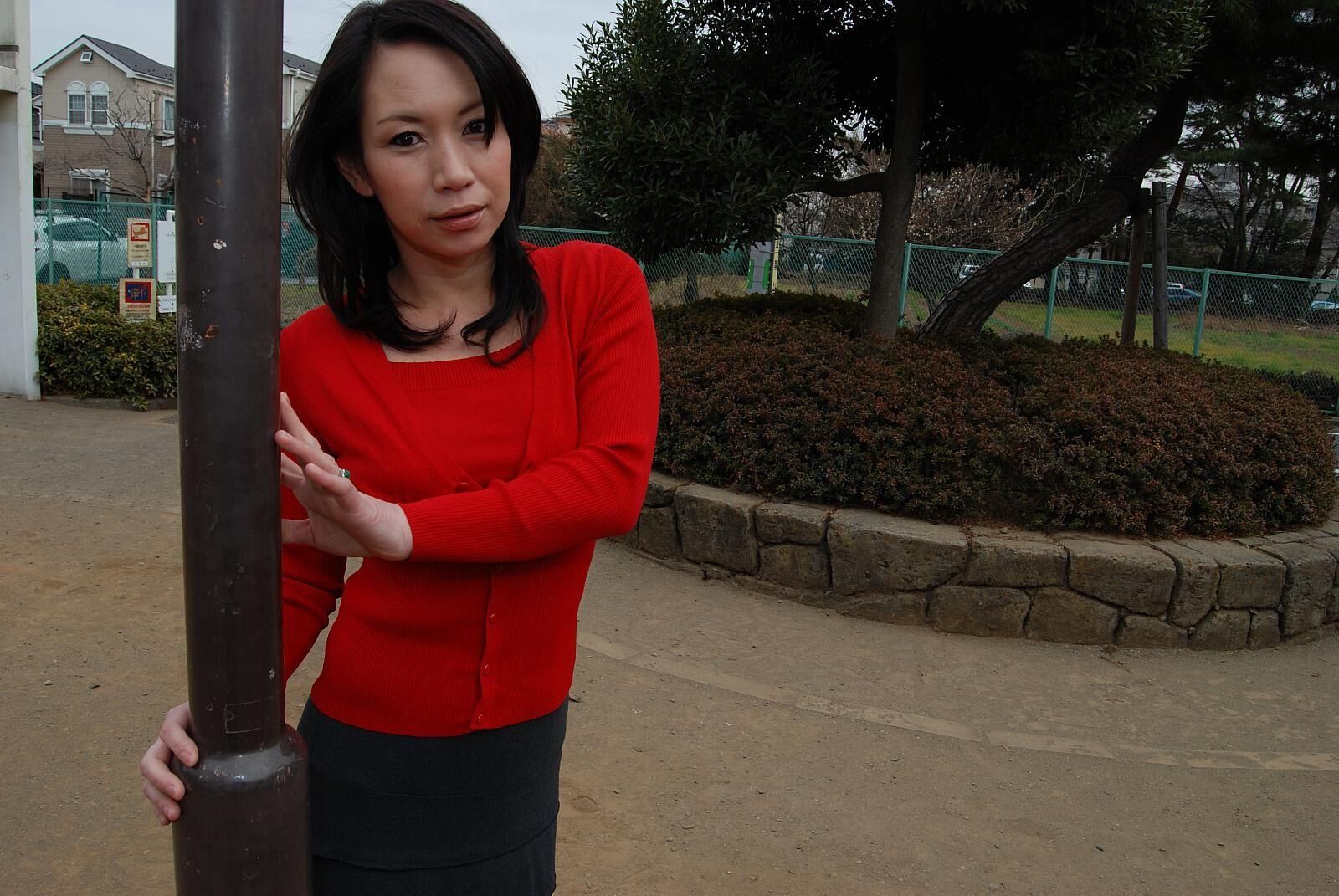 Tomoni Kawakami Mature Japanese Girl Outdoors in a Red Sweater